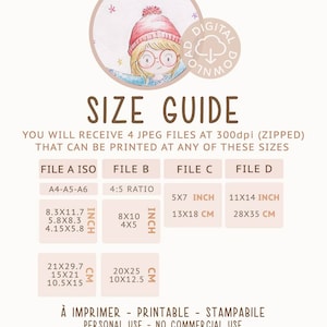 May include: A size guide for printable digital art files. The guide shows four different file sizes in inches and centimeters, including A4, A5, and A6 paper sizes. The text says "You will receive 4 JPEG files at 300dpi (zipped) that can be printed at any of these sizes."