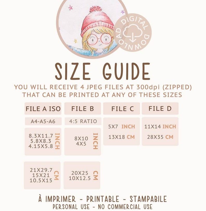 May include: A size guide for printable digital art files. The guide shows four different file sizes in inches and centimeters, including A4, A5, and A6 paper sizes. The text says "You will receive 4 JPEG files at 300dpi (zipped) that can be printed at any of these sizes."