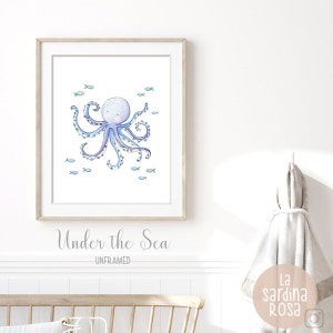 Ocean nursery wall art, Sea life print, Octopus, Nautical Baby room decor, Under the sea animal, Watercolor sea print image 3