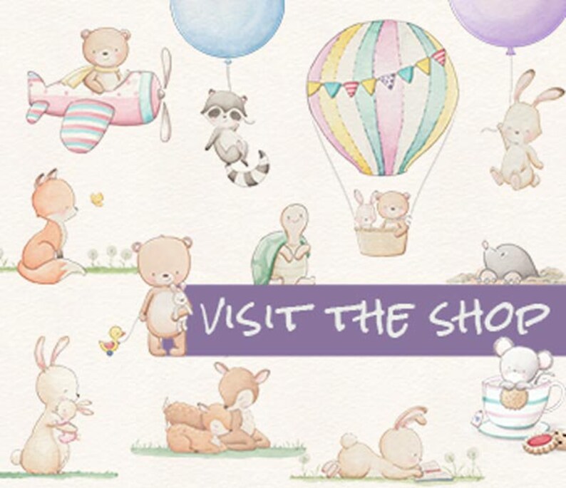Puede incluir: Una ilustraci&oacute;n de acuarela con una variedad de animales lindos, incluyendo un zorro, un oso, un conejo, un ciervo, una tortuga, un mapache y un topo. Los animales se representan en varias actividades, como volar en un avi&oacute;n, viajar en un globo aerost&aacute;tico y sostener un libro. La ilustraci&oacute;n est&aacute; sobre un fondo blanco e incluye el texto "VISIT THE SHOP".