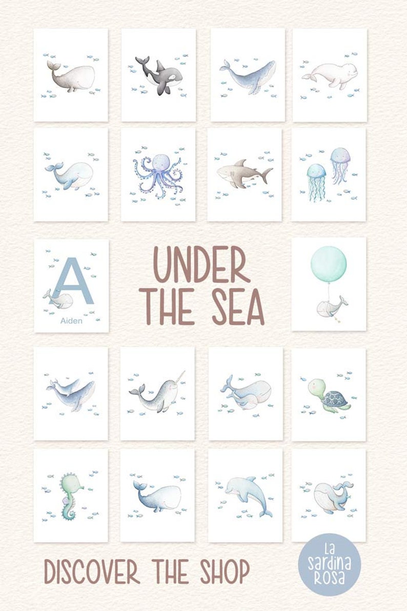 May include: A set of 12 watercolor illustrations featuring various sea creatures, including whales, a narwhal, a seahorse, a turtle, a jellyfish, an octopus, a shark, and a dolphin. The illustrations are surrounded by small blue fish and the text "UNDER THE SEA" is displayed in the center of the image.