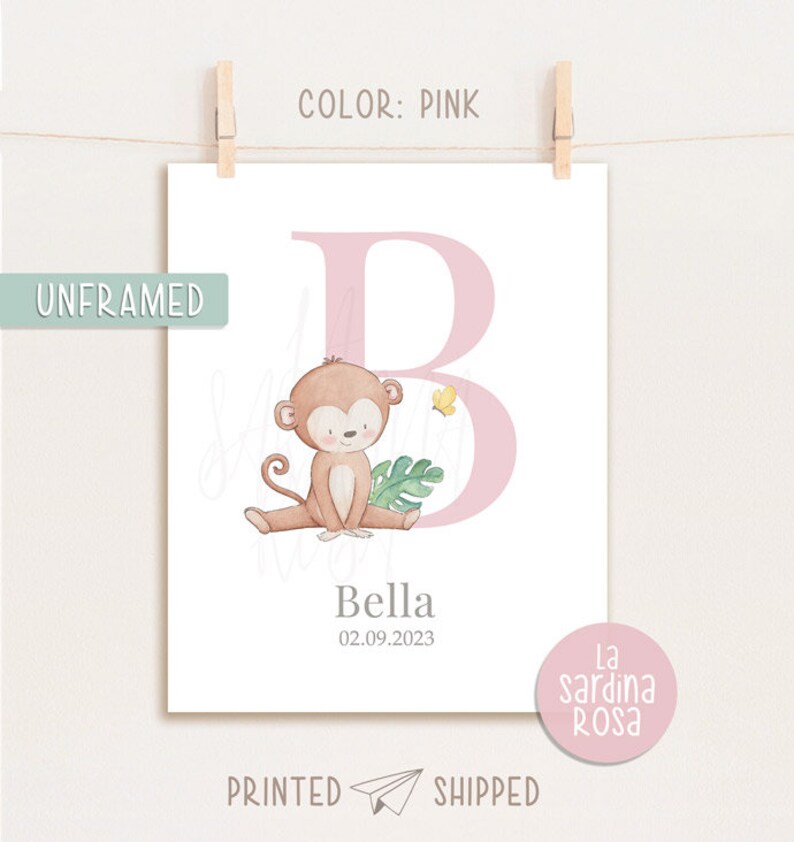 Monkey Wall Art Initial Nursery Print Personalized Etsy