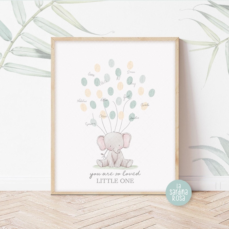 May include: A gray elephant with light blue and yellow balloons with names written on them. The text "you are so loved little one" is written below the elephant.