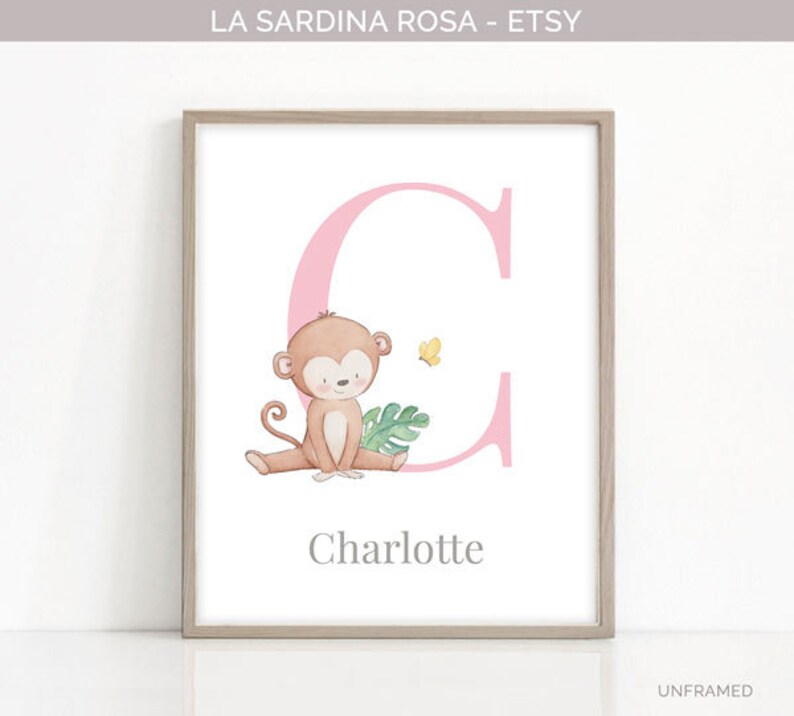 Monkey wall art Initial nursery print Personalized Etsy