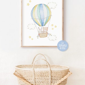 May include: A watercolor illustration of a hot air balloon with a bear and a bunny inside. The balloon is yellow, blue, and green with white stripes. The balloon is surrounded by white clouds and yellow stars. The text "La Sardina Rosa" is in the bottom right corner of the image.