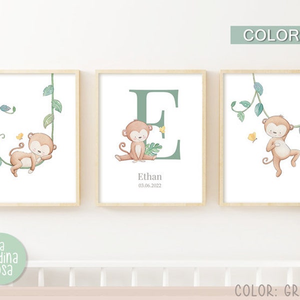 Jungle nursery print set, Initial letter, Monkey nursery wall art,  Personalized Baby name, Baby room decor, Tropical animals decor