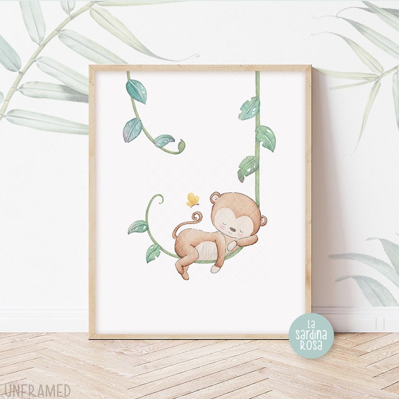 May include: A watercolor illustration of a brown monkey sleeping on a green vine with a yellow butterfly flying nearby. The illustration is set against a white background.