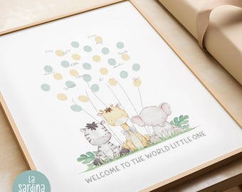 Jungle Baby shower guest book Fingerprint balloon, Gender neutral Safari animals, Printable thumbprint Guest book, Christening guestbook