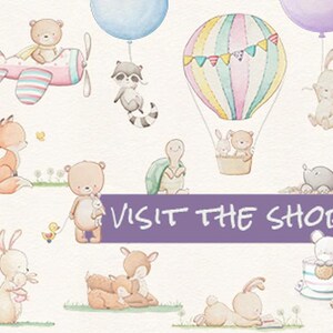 May include: A watercolor illustration featuring a variety of cute animals, including a fox, bear, rabbit, deer, turtle, raccoon, and a mole. The animals are depicted in various activities, such as flying in a plane, riding in a hot air balloon, and holding a book. The illustration is set against a white background and includes the text "VISIT THE SHOP".