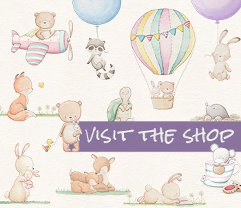 May include: A watercolor illustration featuring a variety of cute animals, including a fox, bear, rabbit, deer, turtle, raccoon, and a mole. The animals are depicted in various activities, such as flying in a plane, riding in a hot air balloon, and holding a book. The illustration is set against a white background and includes the text "VISIT THE SHOP".
