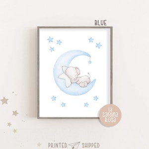 Stampe elefante, Poster camera bambini, Quadro elefante luna, Illustrazione animali, Quadro cameretta neonato, Stampa luna e stelle Blu