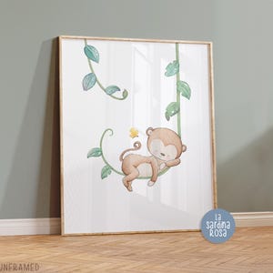 May include: A watercolor illustration of a sleeping monkey hanging from a vine. The monkey is brown with a light brown belly and has a yellow butterfly near its head. The background is white with green vines.
