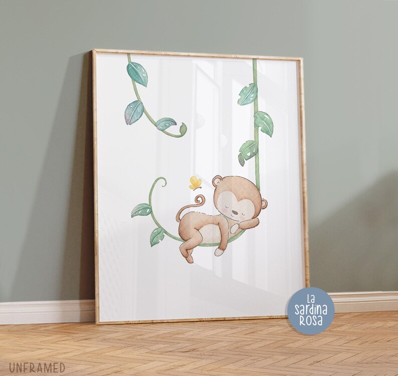 May include: A watercolor illustration of a sleeping monkey hanging from a vine. The monkey is brown with a light brown belly and has a yellow butterfly near its head. The background is white with green vines.