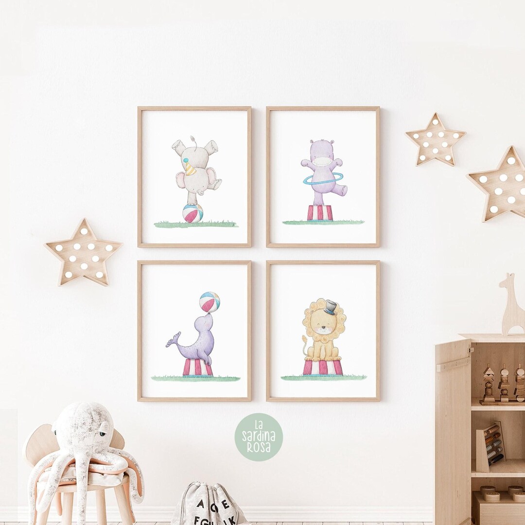Set of 4 Circus Animals Nursery Wall Art, Kids Room Print Set, Gender ...