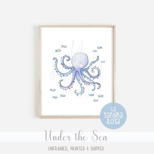 Ocean nursery wall art, Sea life print, Octopus, Nautical Baby room decor, Under the sea animal, Watercolor sea print image 5