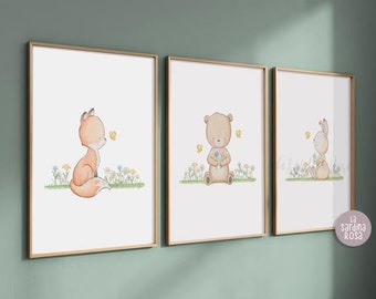 Baby room print set, Woodland nursery decor, Forest baby animals art, Set of 3 nursery wall art