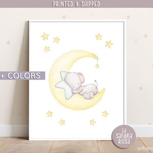 Stampe elefante, Poster camera bambini, Quadro elefante luna, Illustrazione animali, Quadro cameretta neonato, Stampa luna e stelle Giallo