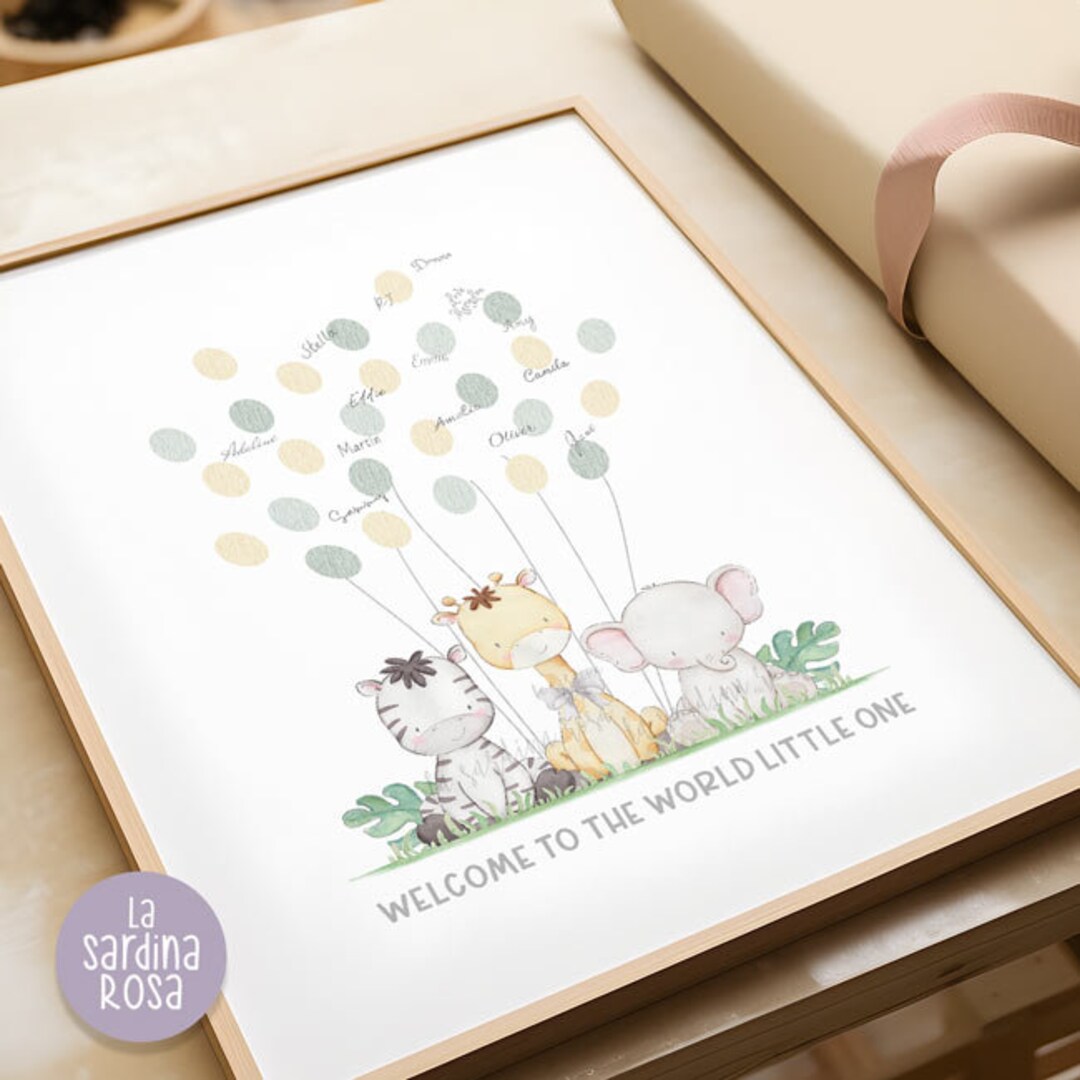 Customized Jungle Safari Animal Fingerprint Tree Guestbook Alternative, Unframed, Zoo Animal Nursery Baby Shower Fingerprint Poster Keepsake