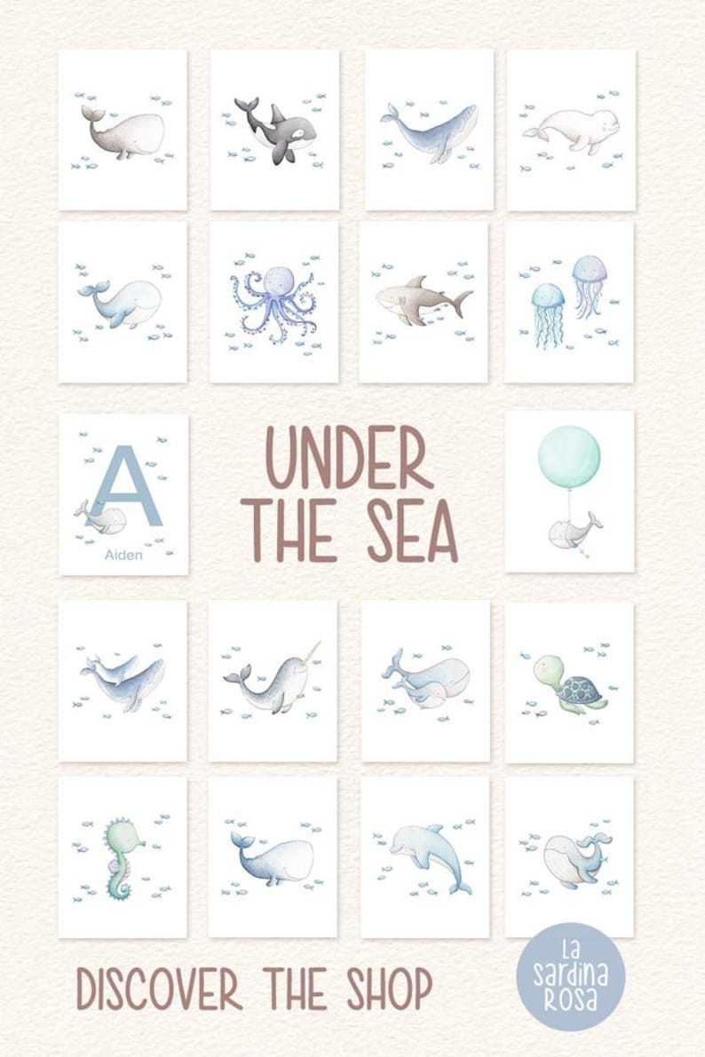 Ocean nursery wall art, Sea life print, Octopus, Nautical Baby room decor, Under the sea animal, Watercolor sea print image 8