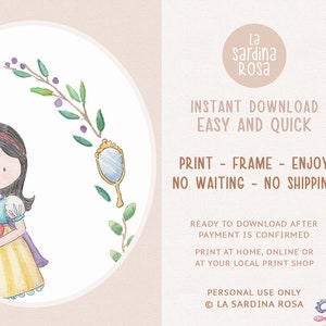 May include: A watercolor illustration of Snow White holding a red apple. She is wearing a blue and yellow dress with a purple cape. The illustration is surrounded by a wreath of green leaves and purple berries. The text "La sardina Rosa" is in the upper right corner of the image.