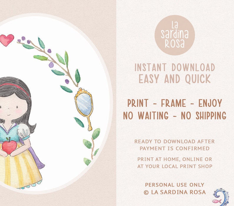May include: A watercolor illustration of Snow White holding a red apple. She is wearing a blue and yellow dress with a purple cape. The illustration is surrounded by a wreath of green leaves and purple berries. The text "La sardina Rosa" is in the upper right corner of the image.