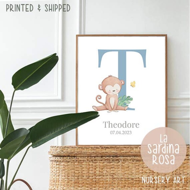 Monkey Wall Art Initial Nursery Print Personalized Etsy
