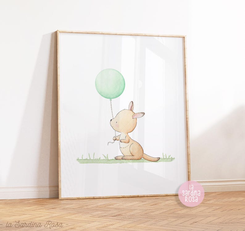 Nursery wall art, Baby animals print, Kangaroo art, Australian animals print, Watercolor nursery decor Green