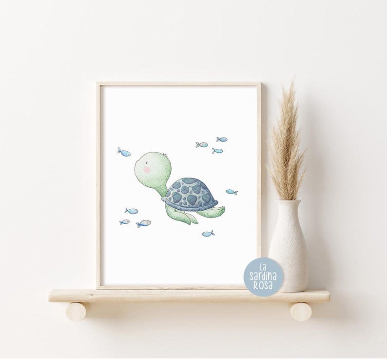 May include: A watercolor illustration of a green sea turtle swimming with blue fish. The turtle has a blue shell and is surrounded by small blue fish. The illustration is on a white background.