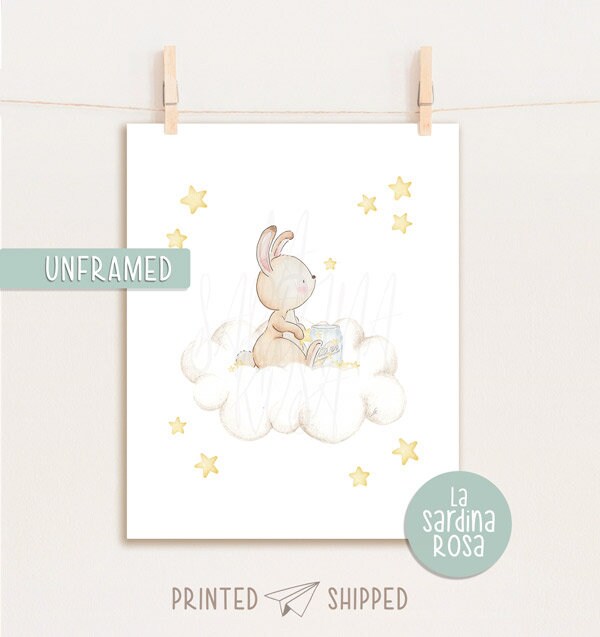 Set of Bunny Nursery Wall Art, Baby Room Decor, Cloud and Stars Nursery ...