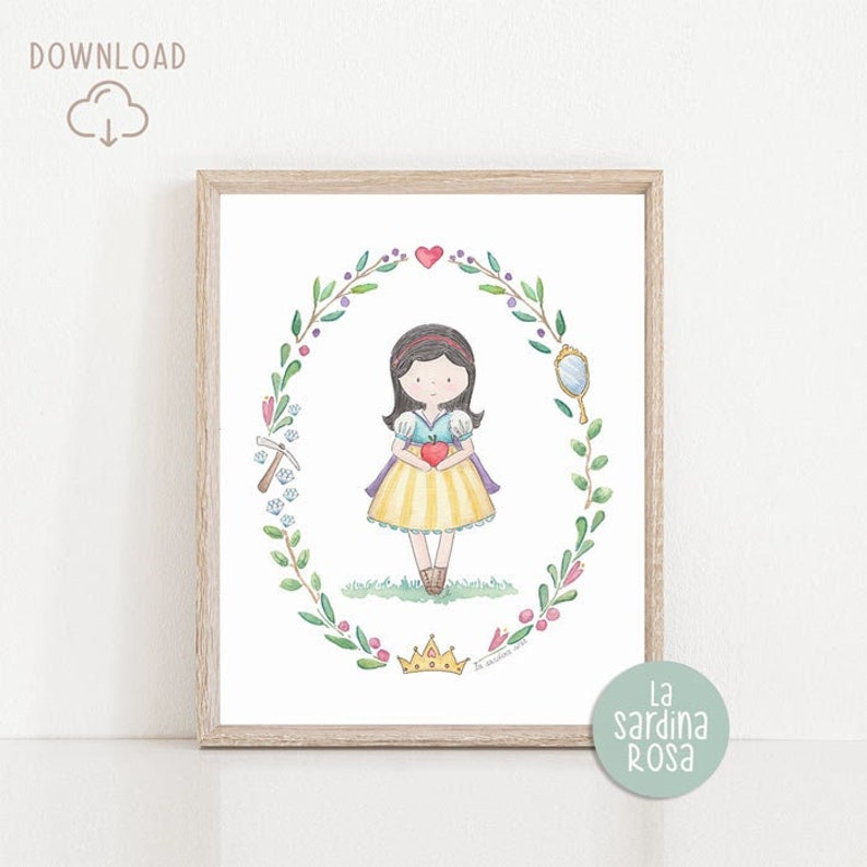 May include: A watercolor illustration of Snow White, a Disney princess, holding a red apple. She is wearing a yellow dress with a blue bodice and a red bow. She is surrounded by a wreath of green leaves and flowers. The illustration is framed in a light wood frame.