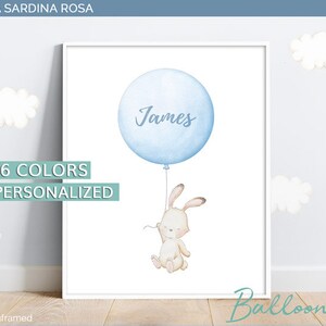 Custom baby name print, Baby girl nursery wall art, Bunny balloons nursery, Personalized baby gift, Pink nursery decor image 6