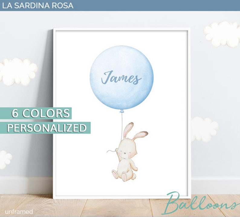 Custom baby name print, Baby girl nursery wall art, Bunny balloons nursery, Personalized baby gift, Pink nursery decor image 6