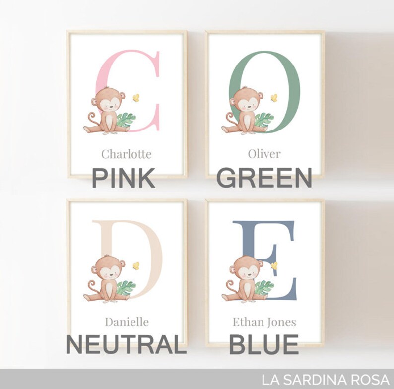 Monkey wall art Initial nursery print Personalized Etsy