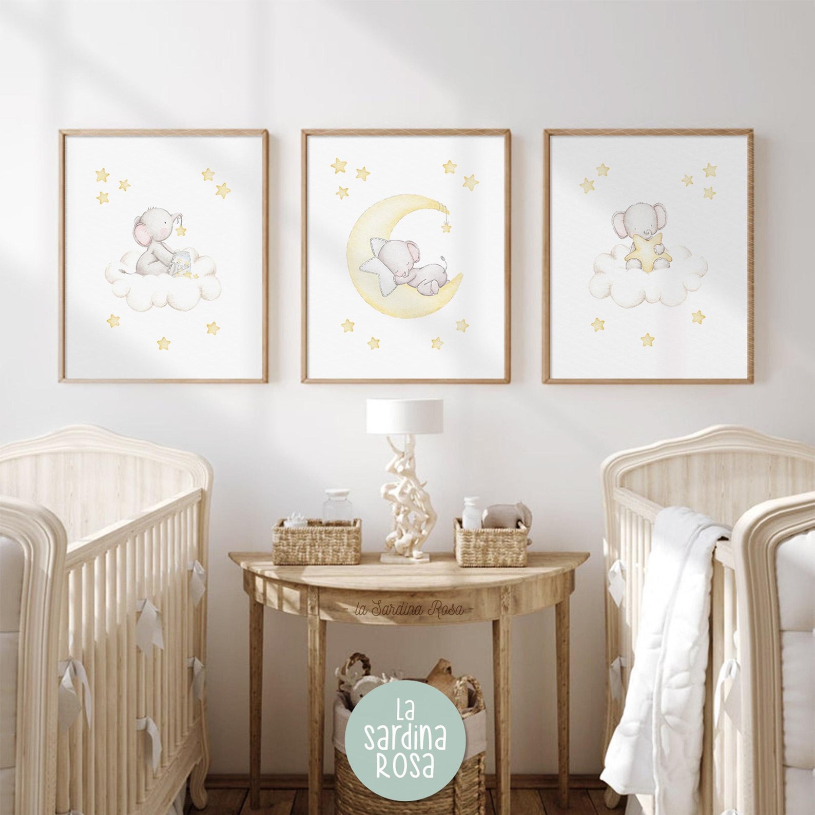 Elephant Nursery Wall Art, Set of 3 Prints, Moon and Stars Nursery ...