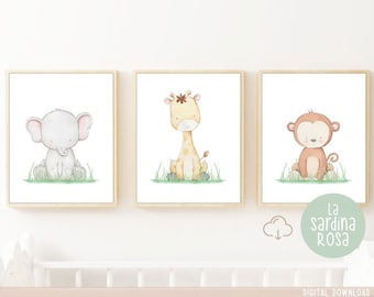 Safari nursery decor, Jungle baby animal prints, Nursery wall art, African animals prints, Elephant, Giraffe, Monkey Download