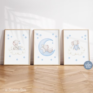 Boy nursery wall art, Set of 3 Baby elephant, Blue Moon and stars nursery decor, Kids room PRINTABLE wall art, Dream big little one
