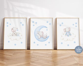 Boy nursery wall art, Set of 3 Baby elephant, Blue Moon and stars nursery decor, Kids room PRINTABLE wall art, Dream big little one