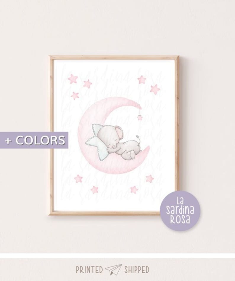 Stampe elefante, Poster camera bambini, Quadro elefante luna, Illustrazione animali, Quadro cameretta neonato, Stampa luna e stelle immagine 1