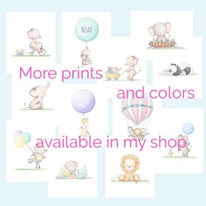 Puede incluir: Una colecci&oacute;n de ilustraciones de acuarela con animales adorables, incluyendo elefantes, jirafas, leones y un panda. Las ilustraciones son perfectas para habitaciones infantiles o guarder&iacute;as. El texto "M&aacute;s estampados y colores disponibles en mi tienda" est&aacute; incluido en la imagen.