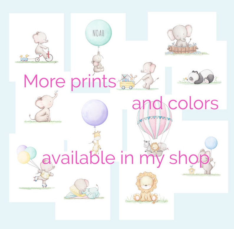 Puede incluir: Una colecci&oacute;n de ilustraciones de acuarela con animales adorables, incluyendo elefantes, jirafas, leones y un panda. Las ilustraciones son perfectas para habitaciones infantiles o guarder&iacute;as. El texto "M&aacute;s estampados y colores disponibles en mi tienda" est&aacute; incluido en la imagen.