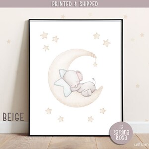 Stampe elefante, Poster camera bambini, Quadro elefante luna, Illustrazione animali, Quadro cameretta neonato, Stampa luna e stelle Beige