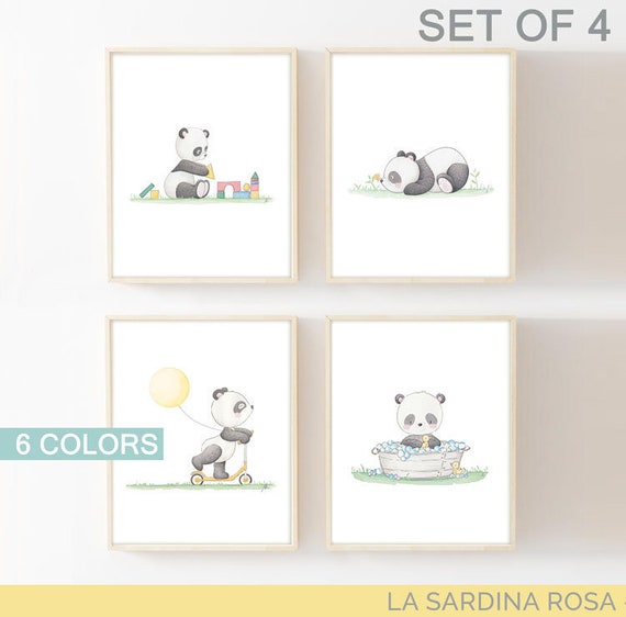 Panda, Set 4 quadri camera bambini, 4 Stampe panda acquerello, Set poster  Panda per cameretta bimbi e neonati -  Italia