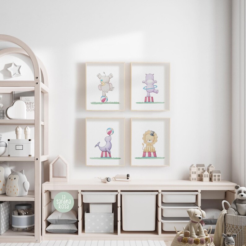 Set of 4 Circus Animals Nursery Wall Art, Kids Room Print Set, Gender ...