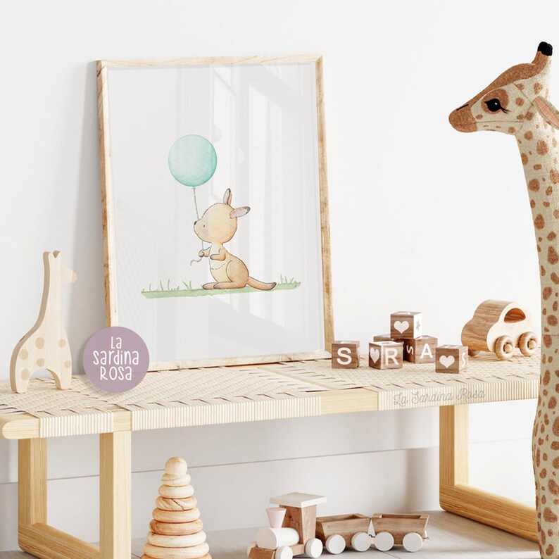 Nursery wall art, Baby animals print, Kangaroo art, Australian animals print, Watercolor nursery decor Aqua