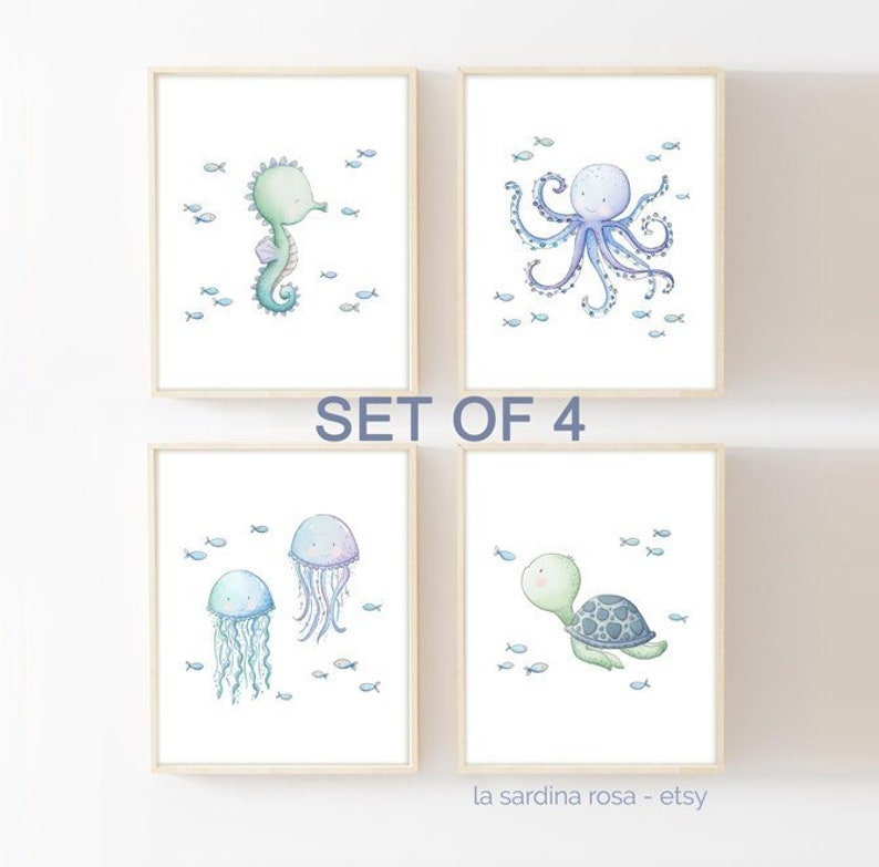 Ocean nursery print set, Under the sea wall art, Nautical kids room decor, Sea life animals art, Turtle, Jelly fish, Seahorse, Octopus A image 2