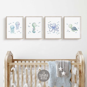 Ocean nursery print set, Under the sea wall art, Nautical kids room decor, Sea life animals art, Turtle, Jelly fish, Seahorse, Octopus A image 3