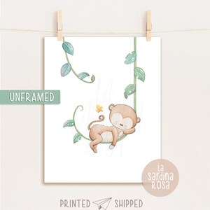 May include: A watercolor illustration of a cute monkey sleeping on a vine with green leaves. The monkey is brown with a yellow butterfly nearby. The illustration is on a white background with the text "la sardina rosa" in a circle at the bottom.