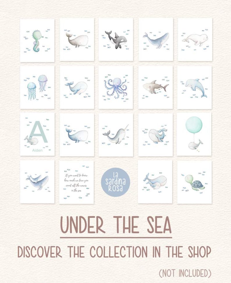 Ocean nursery print set, Under the sea wall art, Nautical kids room decor, Sea life animals art, Turtle, Jelly fish, Seahorse, Octopus A image 9