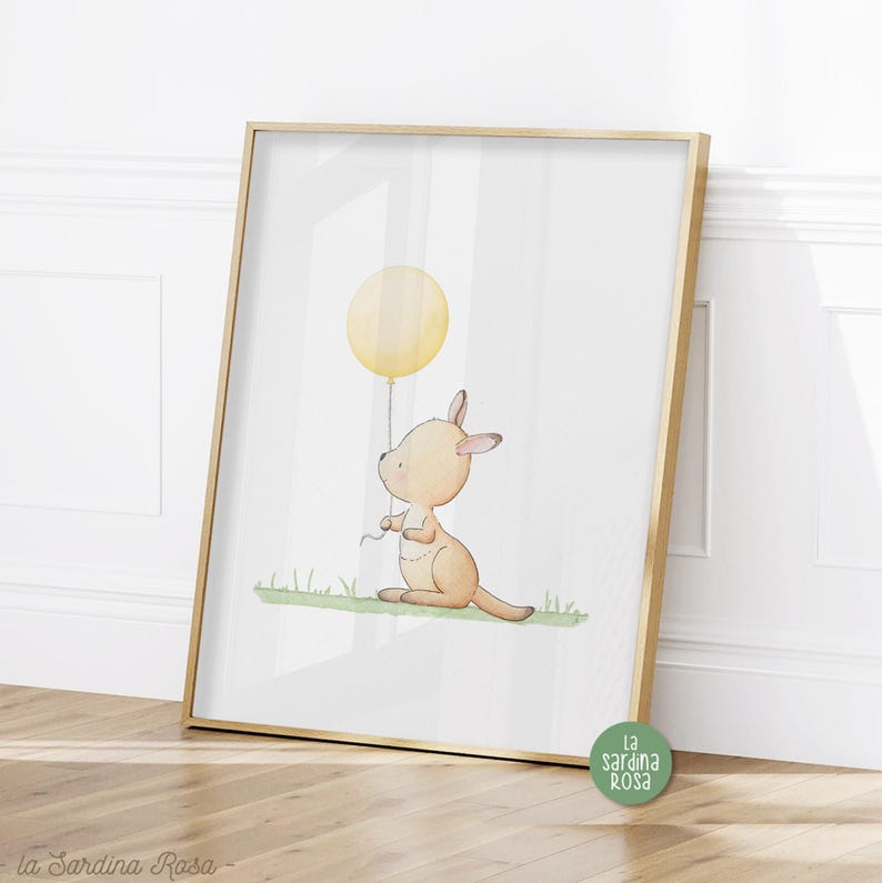 Nursery wall art, Baby animals print, Kangaroo art, Australian animals print, Watercolor nursery decor Yellow