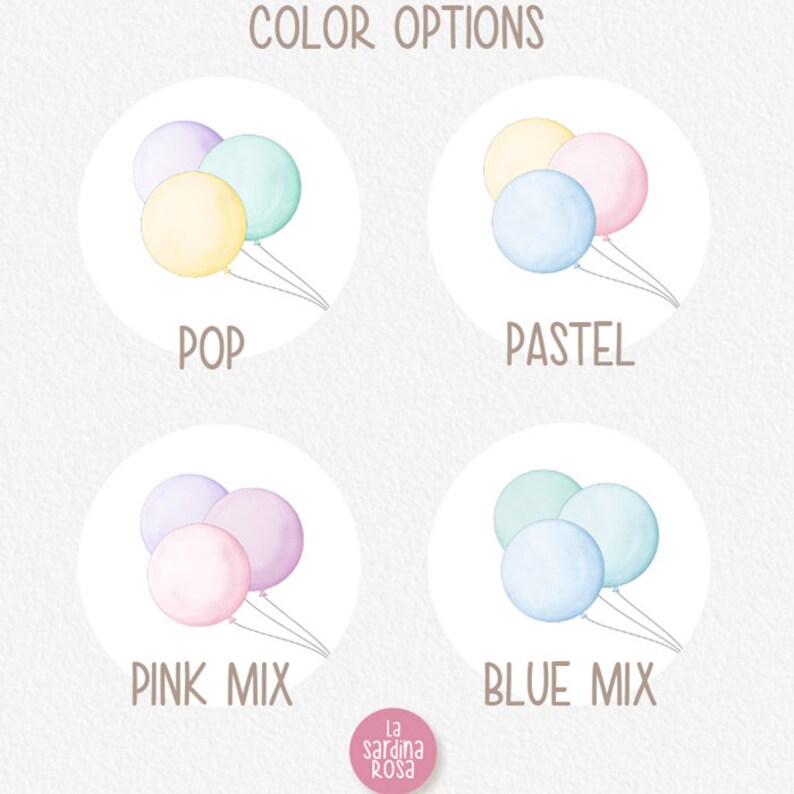 Puede incluir: Cuatro opciones de color diferentes para globos. La primera opci&oacute;n se llama "Pop" y presenta tres globos en morado claro, amarillo claro y azul claro. La segunda opci&oacute;n se llama "Pastel" y presenta tres globos en amarillo claro, rosa claro y azul claro. La tercera opci&oacute;n se llama "Pink Mix" y presenta tres globos en morado claro, rosa claro y rosa claro. La cuarta opci&oacute;n se llama "Blue Mix" y presenta tres globos en azul claro, azul claro y verde claro.